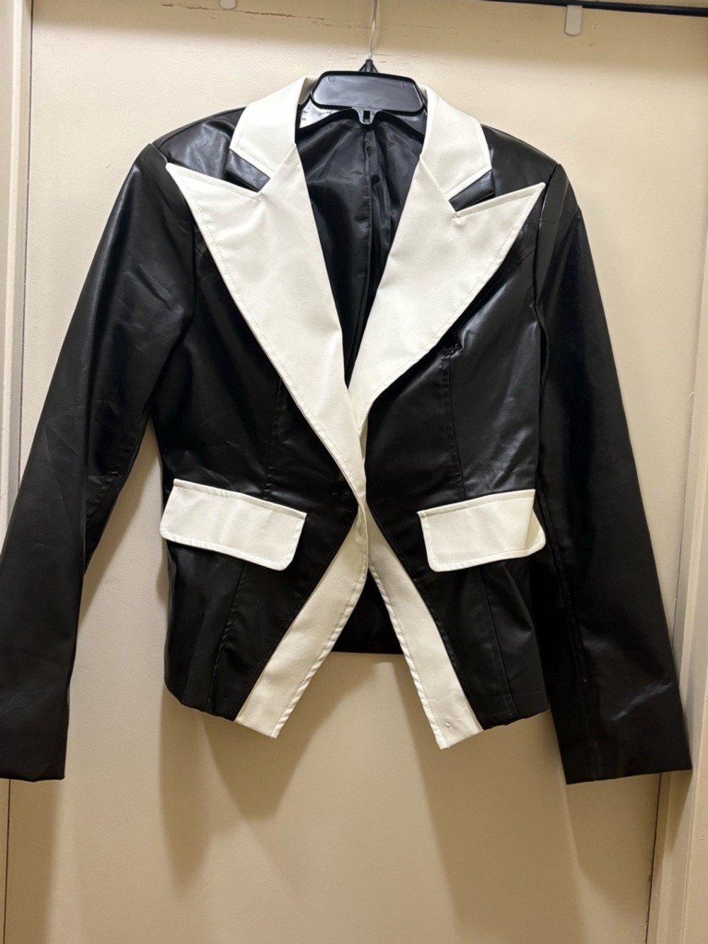 Black Faux Leather Blazer with White Contrast Lapels
